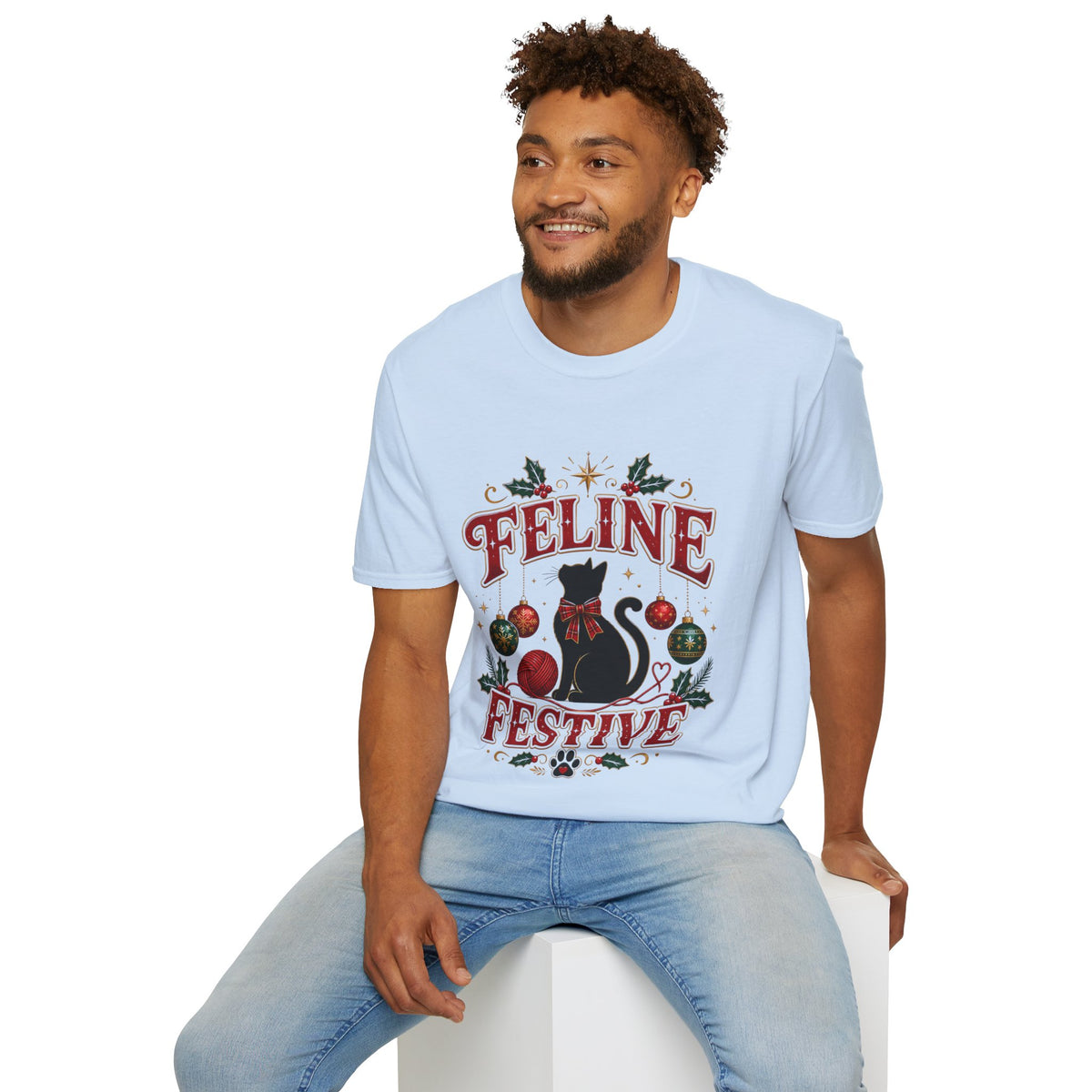 Feline Festive T-Shirt — Cute Black Cat Christmas Holiday Tee