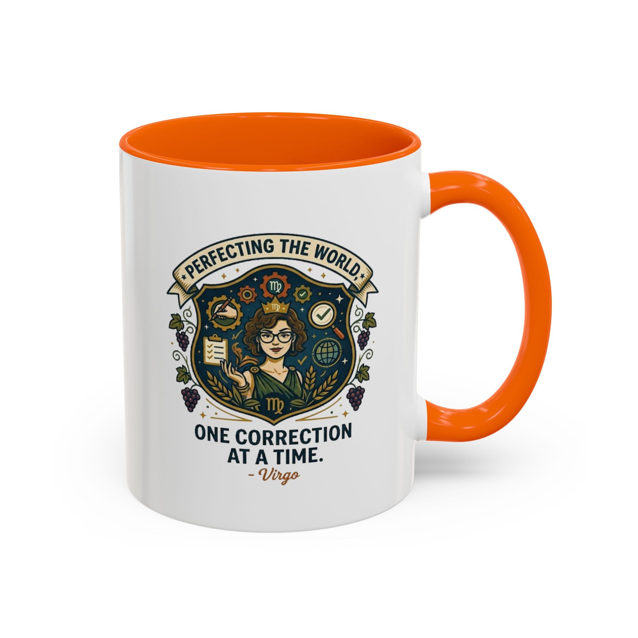 Virgo Coffee Mug — "Perfecting the World: One Correction at a Time" Accent Astrology Gift