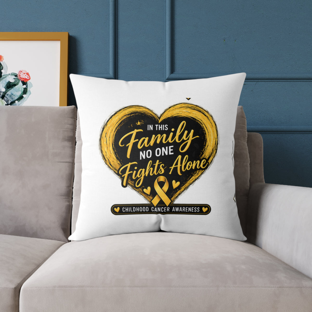 Childhood Cancer Awareness Pillow — "In This Family No One Fights Alone" Square Throw Pillow