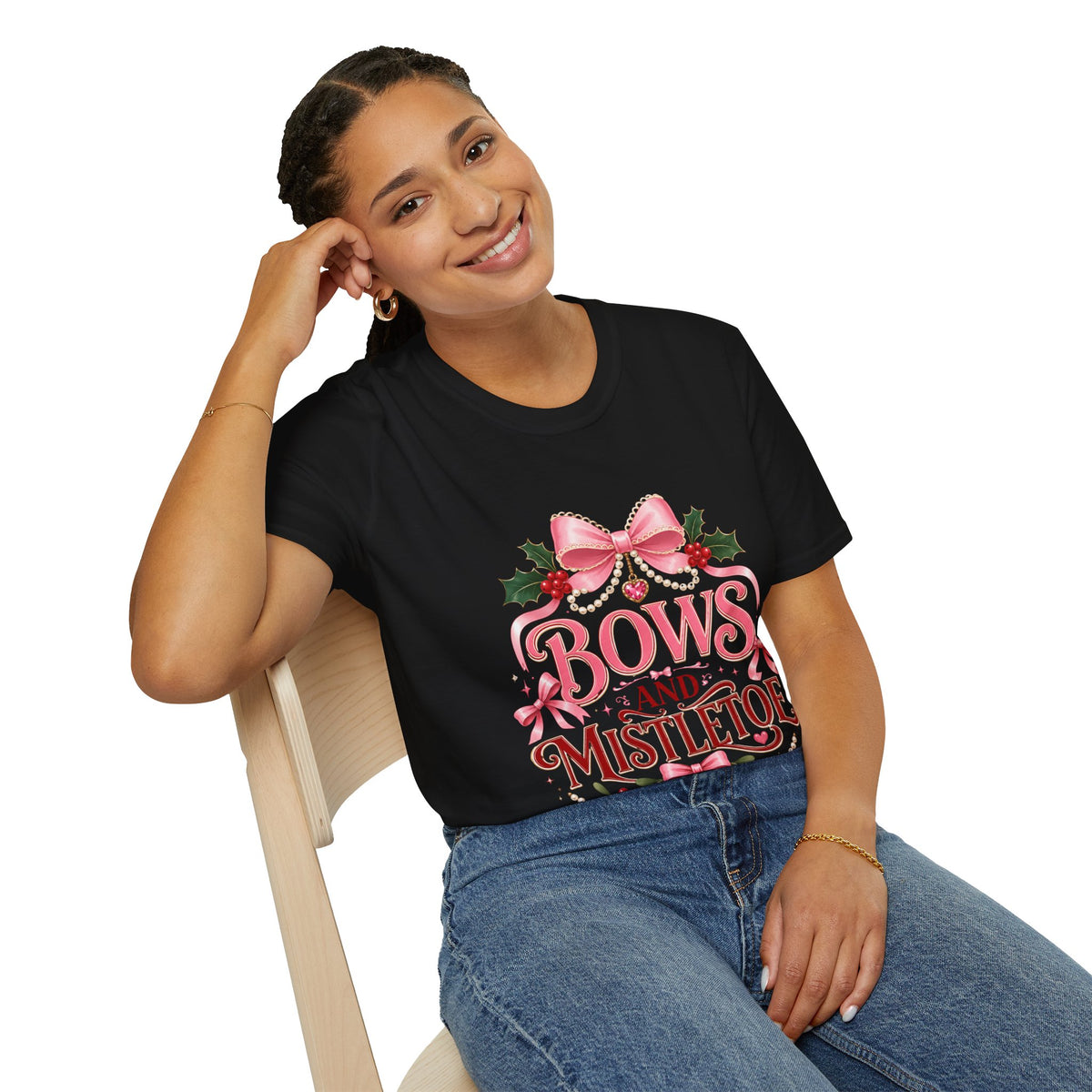 Bows and Mistletoe T-Shirt — Pink Holiday Bow Christmas Tee