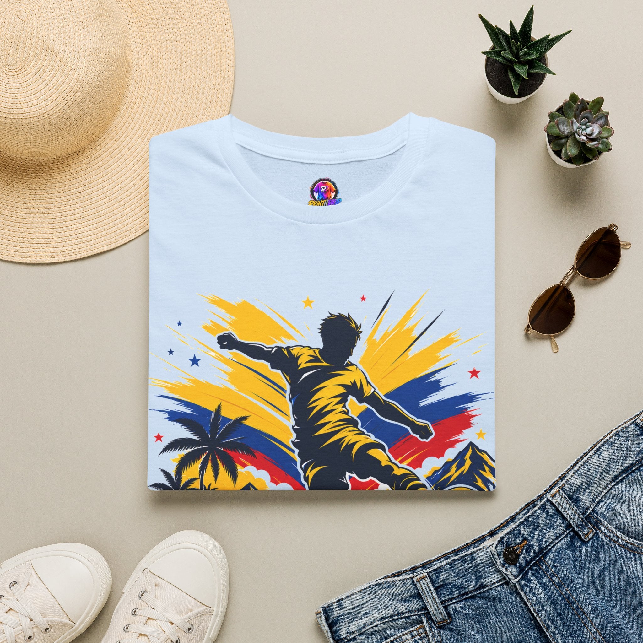 Columbia Soccer Player Graphic T-Shirt — "Golden Rhythm" Vibrant Beach Soccer Tee