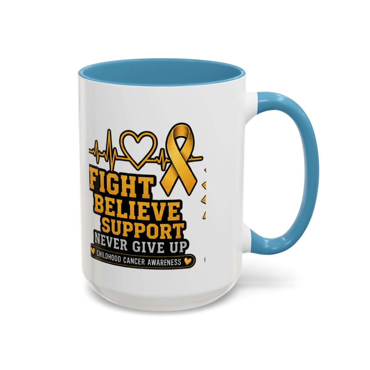 Childhood Cancer Awareness Accent Coffee Mug — "Fight Believe Support" 11/15oz