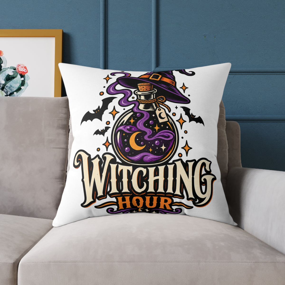 Witching Hour Halloween Decorative Pillow — Witch Hat & Potion Bottle Design