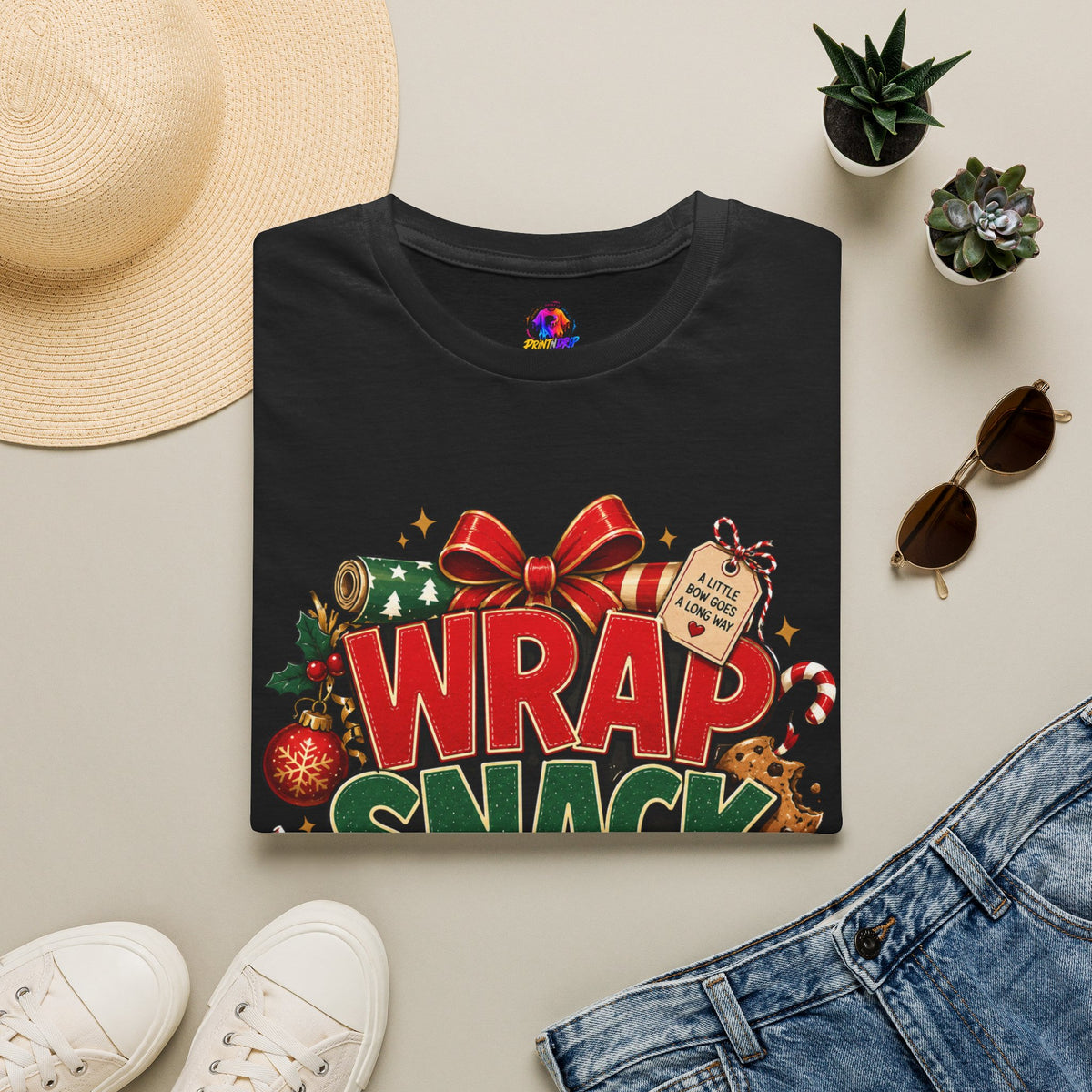T-Shirt — "Wrap Snack Repeat" Christmas Graphic Tee