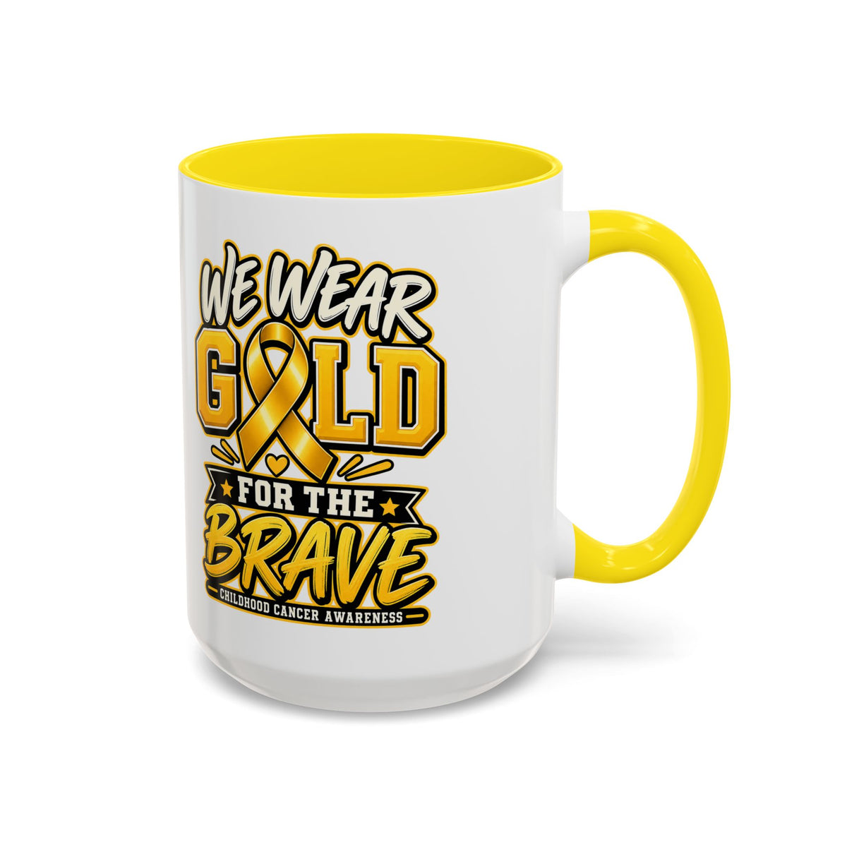 Childhood Cancer Awareness Accent Coffee Mug – "We Wear Gold for the Brave" (11/15 oz)