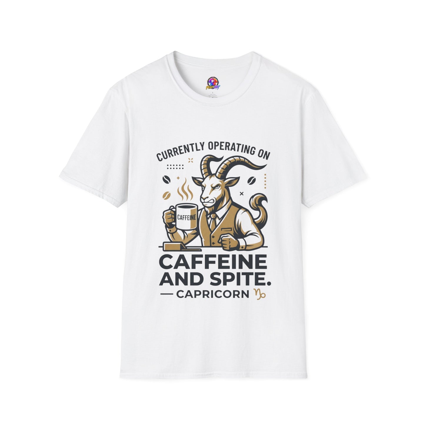 Capricorn T-Shirt — "Currently Operating on Caffeine and Spite" Zodiac Goat Tee