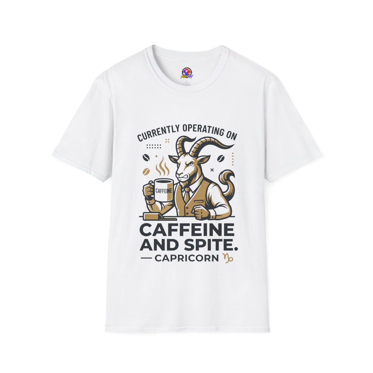 Capricorn T-Shirt — "Currently Operating on Caffeine and Spite" Zodiac Goat Tee