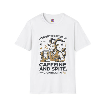 Capricorn T-Shirt — "Currently Operating on Caffeine and Spite" Zodiac Goat Tee
