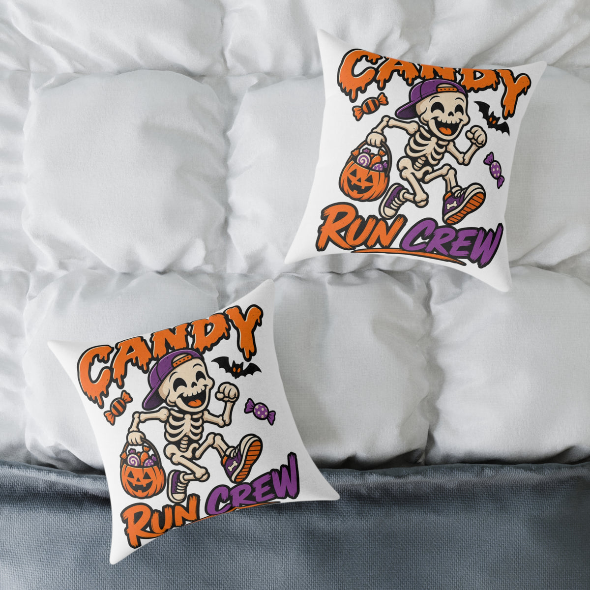 Candy Run Crew Halloween Pillow — Skeleton Trick-or-Treat Decorative Throw Pillow