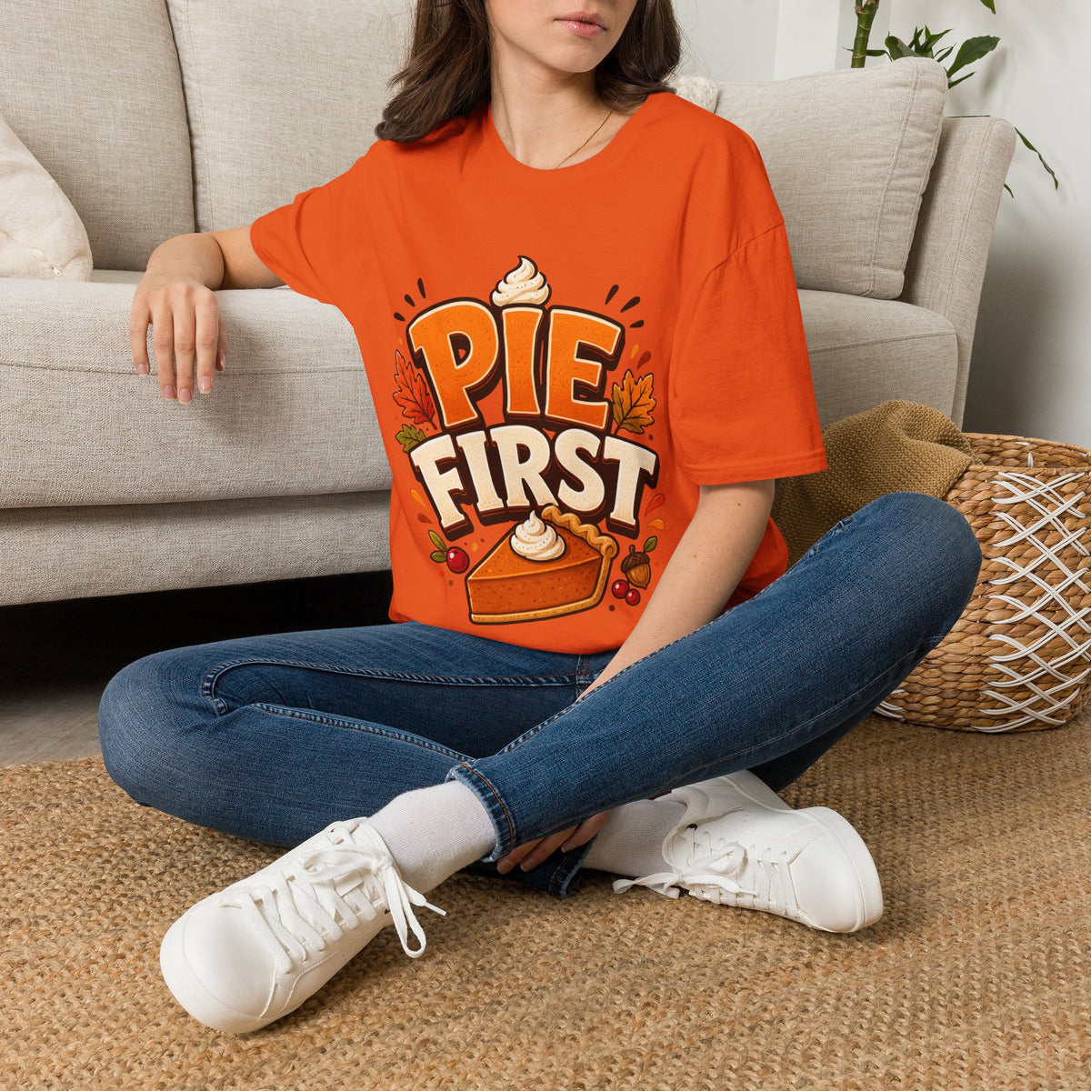 Thanksgiving T-Shirt Pie First T-Shirt — Funny Thanksgiving Pumpkin Pie Graphic Tee