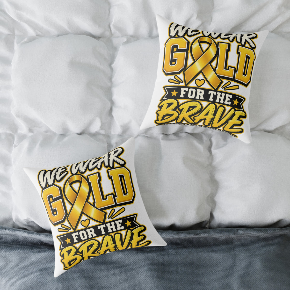 Childhood Cancer Gold Ribbon 'We Wear Gold For The Brave' Square Throw Pillow