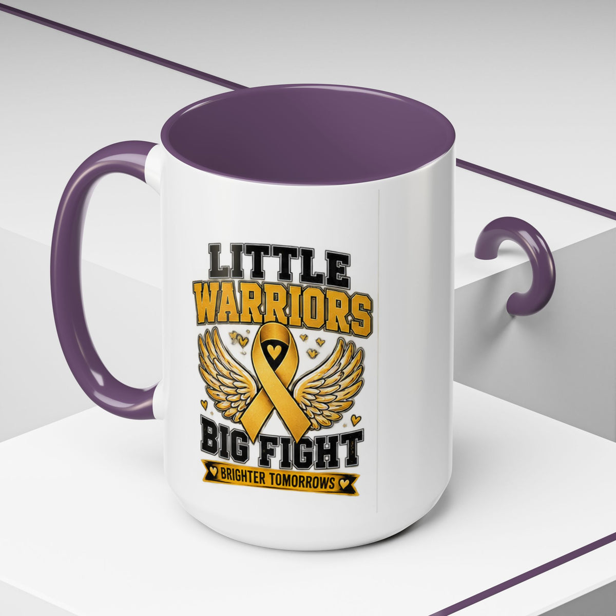Little Warriors Big Fight Childhood Cancer Awareness Coffee Mug — Gold Ribbon Support Accent Mug