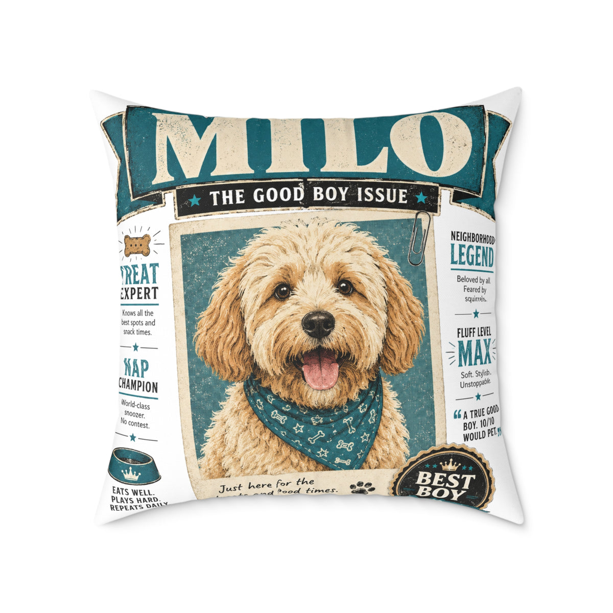 Personalized Dog Magazine Cover Pillow  Milo Bailey Dog Dad Mom — 'MILO' Square Poly Canvas Throw Pillow
