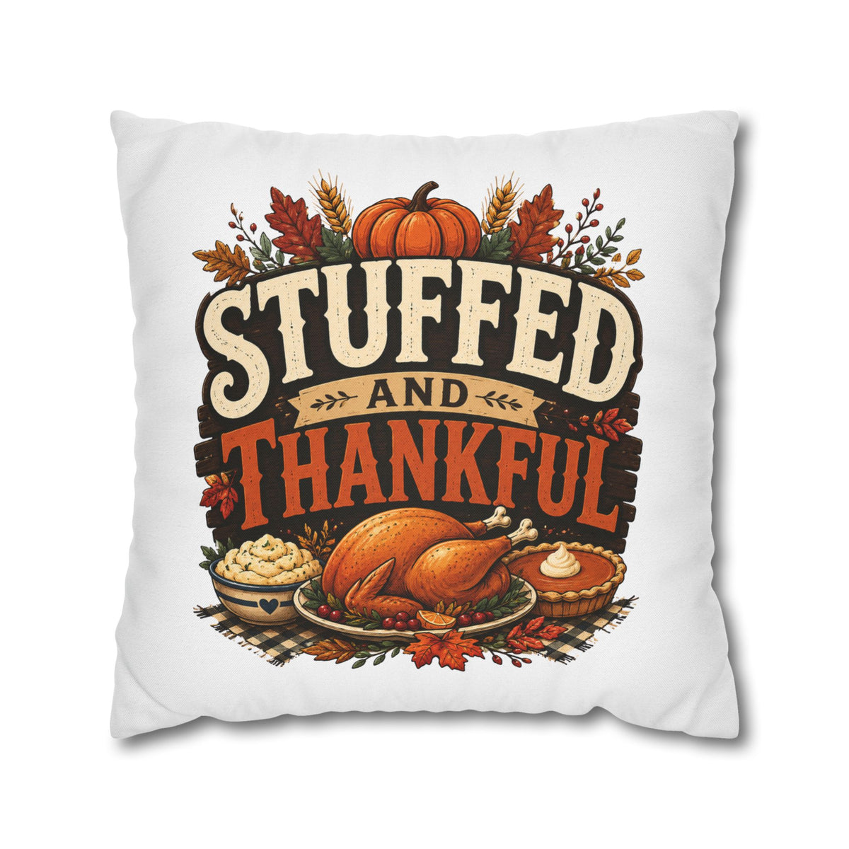 Thanksgiving Decorative Pillowcase – “Stuffed and Thankful” Autumn Throw Pillowcase