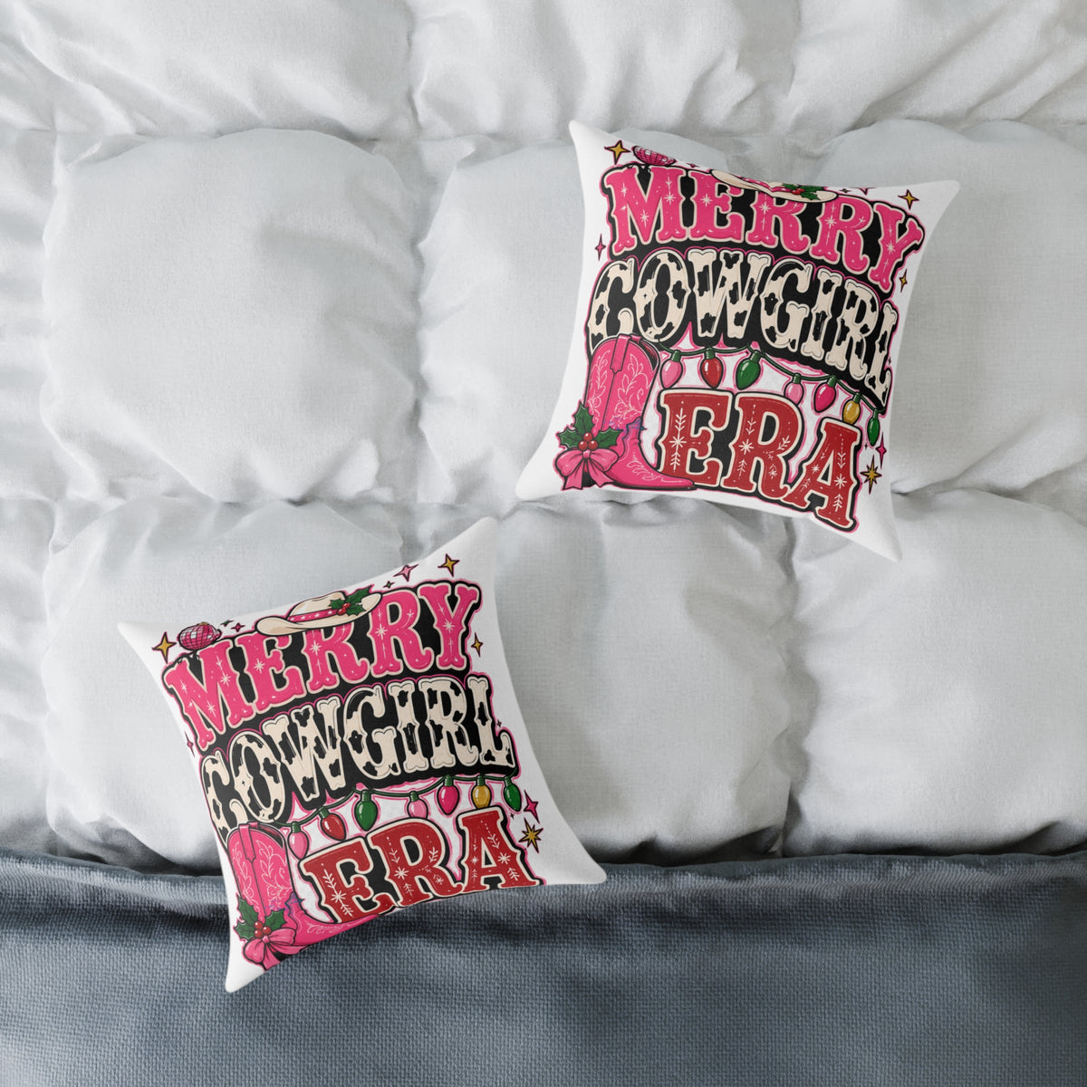 Merry Cowgirl Era Modern Day Christmas Square Poly Canvas Pillow
