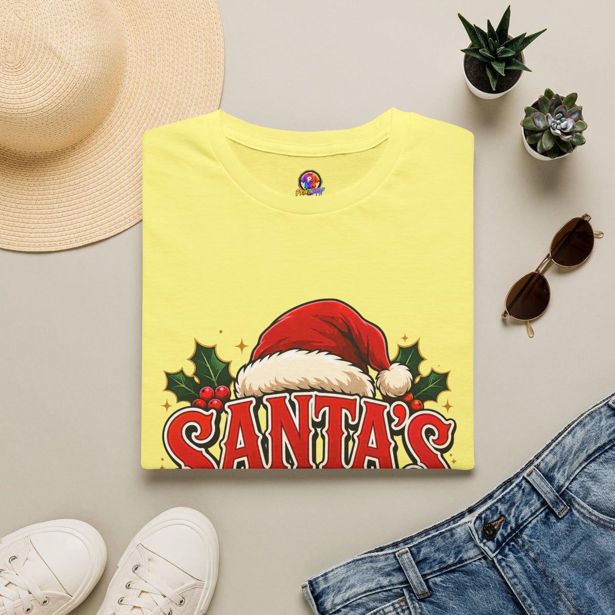 Santa's Favorite T-Shirt — Festive Christmas Tee with Santa Hat & Holly