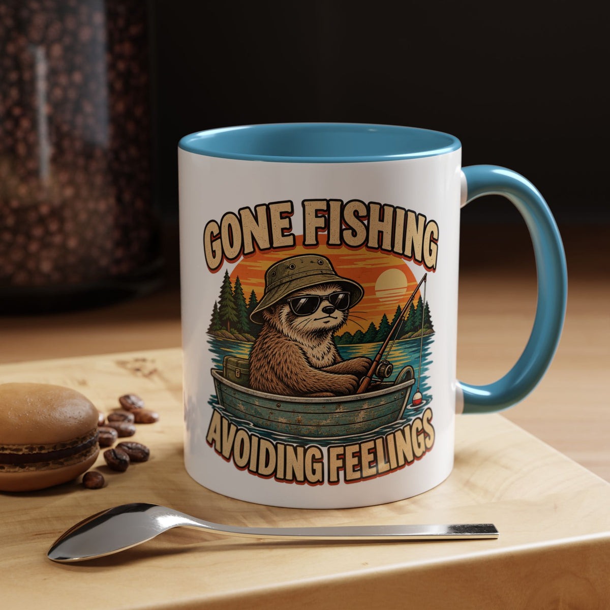 Funny And Witty "Gone Fishing Avoiding Feelings" Accent Coffee Mug (11, 15oz)