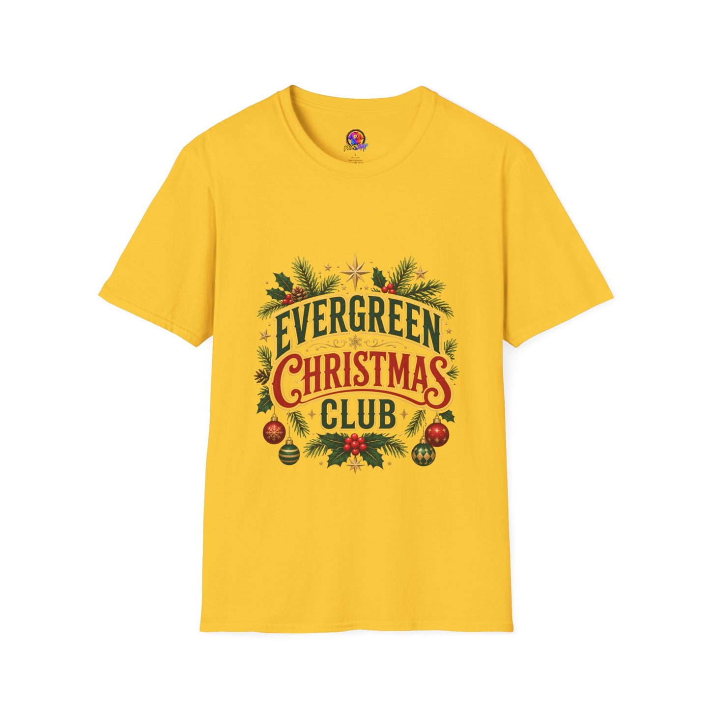 Evergreen Christmas Club T-Shirt — Vintage Holiday Pine & Ornaments Tee