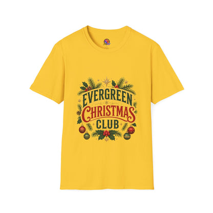 Evergreen Christmas Club T-Shirt — Vintage Holiday Pine & Ornaments Tee