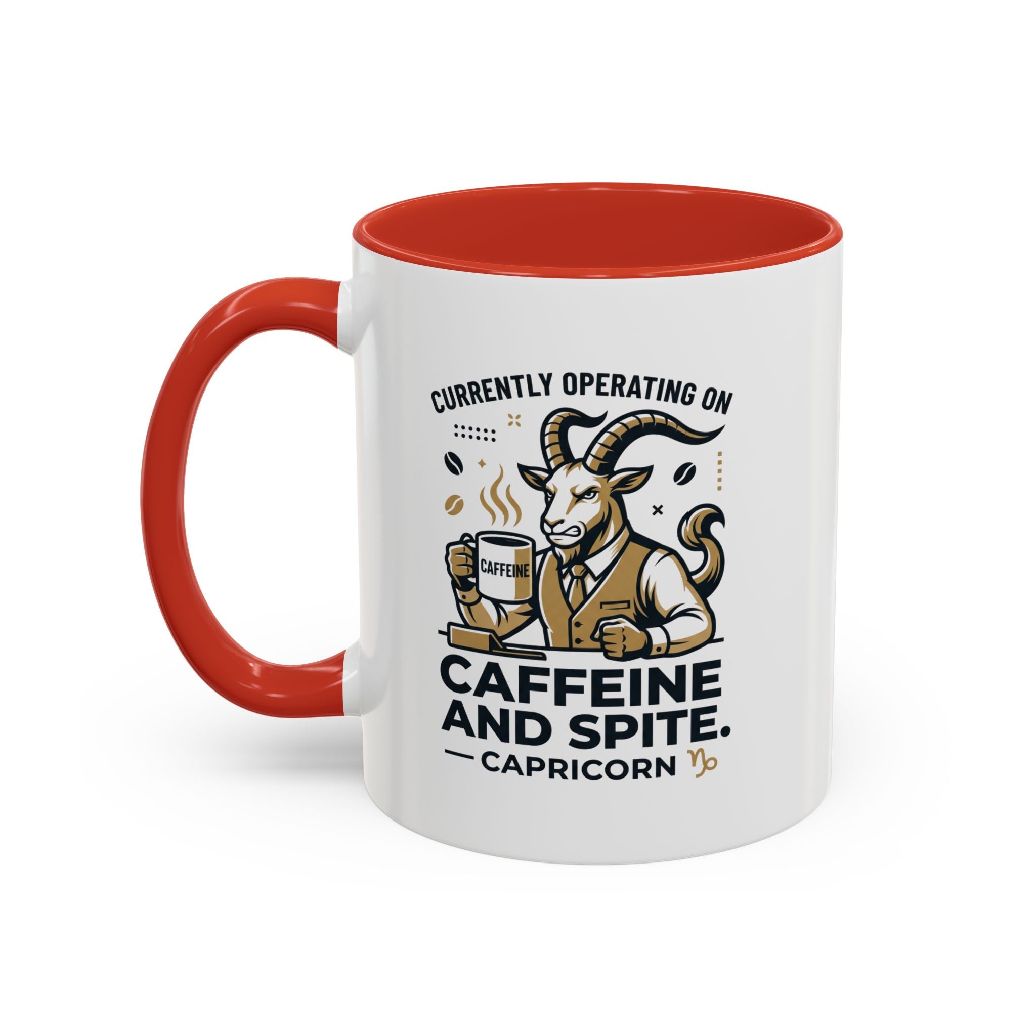 Capricorn Coffee Mug — “Currently Operating on Caffeine and Spite” Accent Mug (11/15oz)