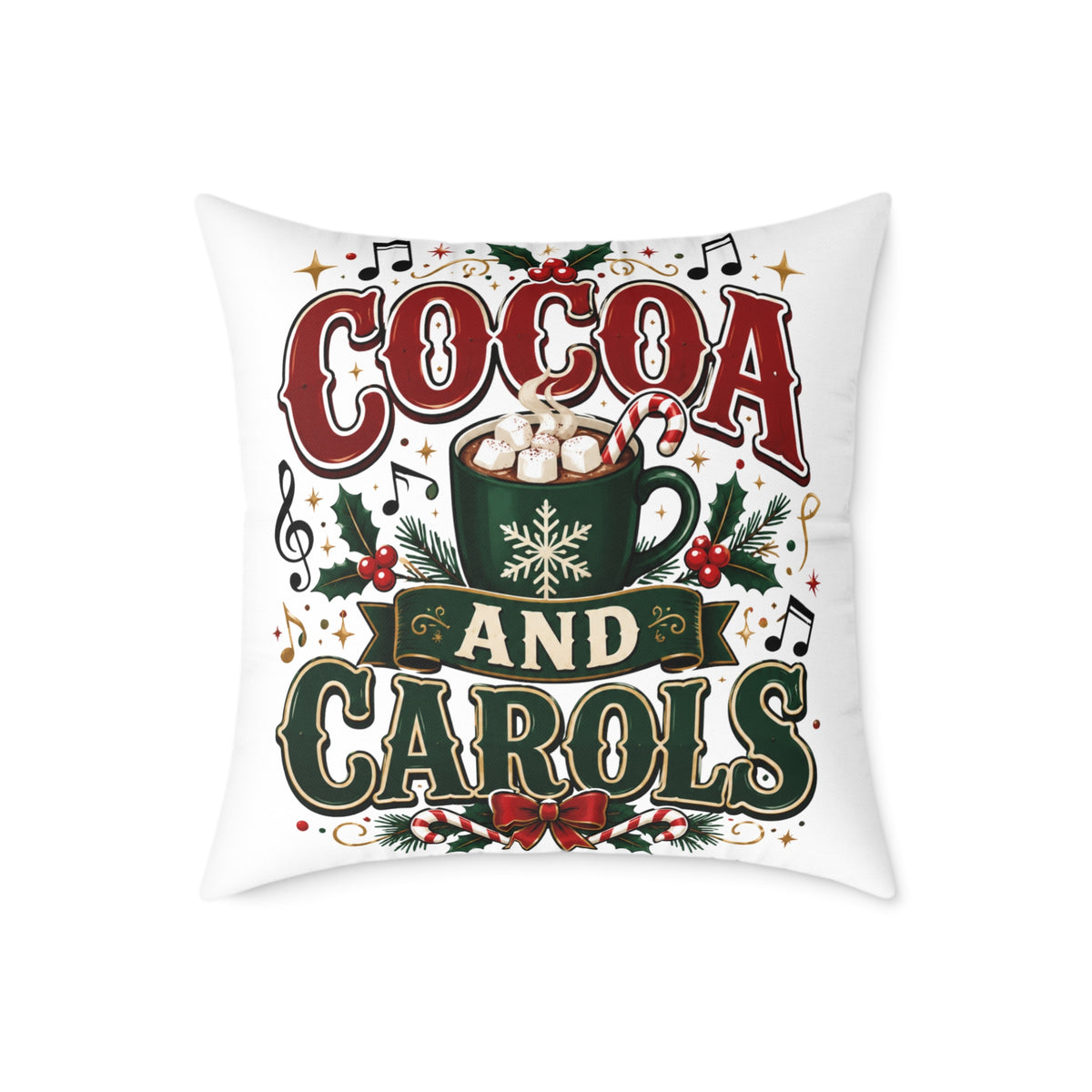 Christmas Cocoa and Carols Square Pillow — Holiday Hot Cocoa Christmas Decor