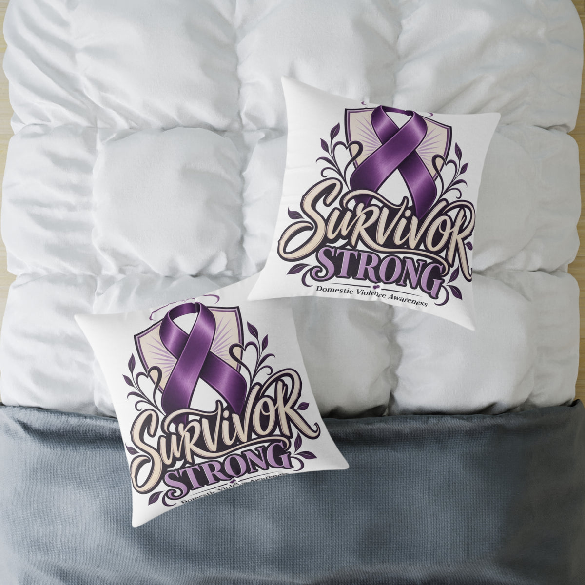 Survivor Strong Purple Ribbon Square Pillow — Domestic Violence Awareness Support Home Decor