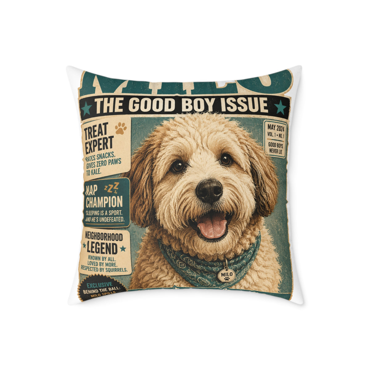 Milo Bailey Dog Dad Mom Square Pillow — 'The Good Boy Issue' Vintage Dog Cover