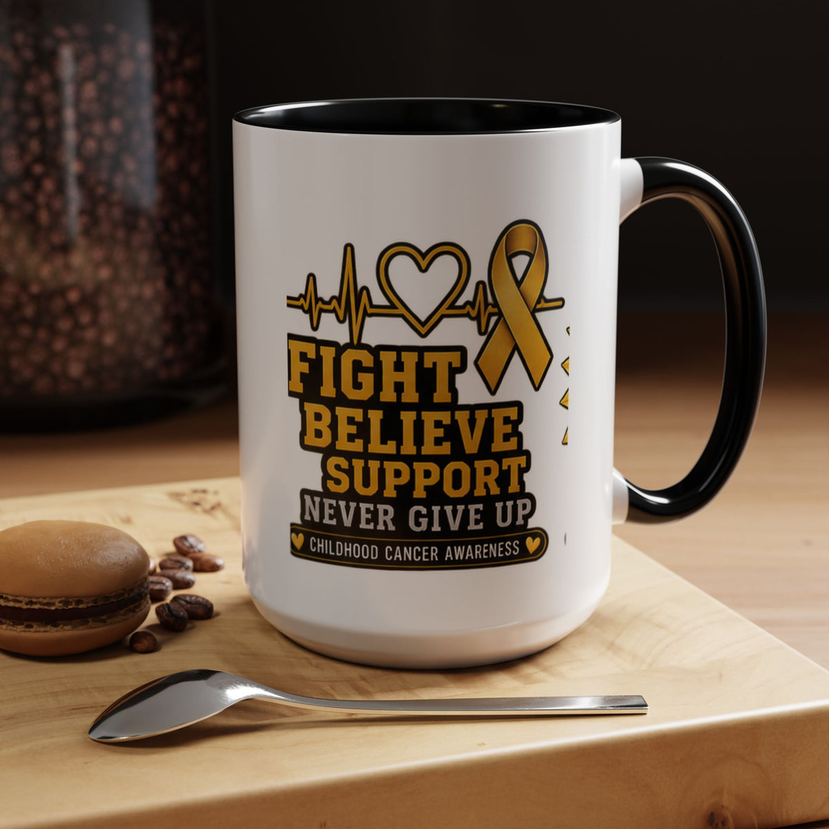 Childhood Cancer Awareness Accent Coffee Mug — "Fight Believe Support" 11/15oz