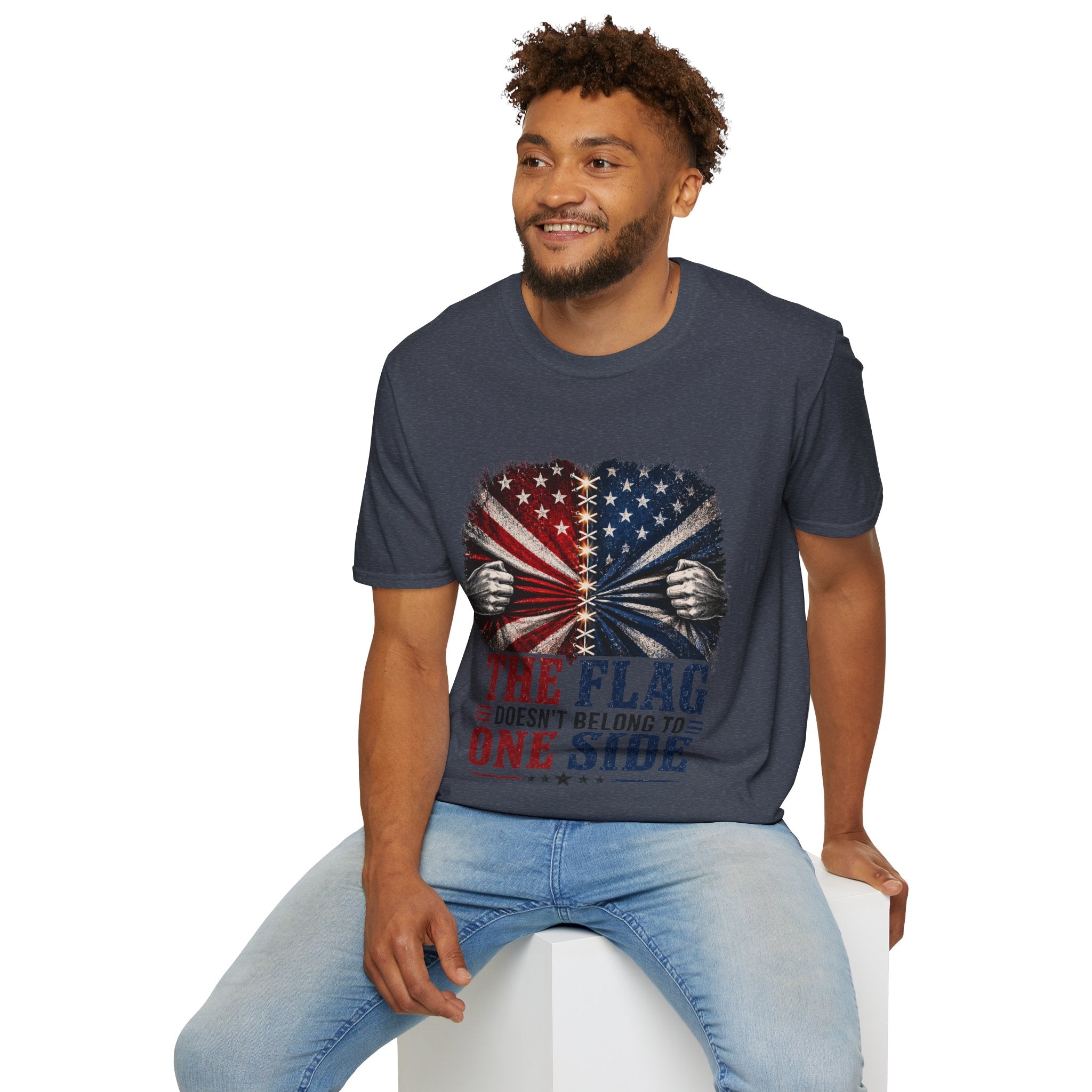 T-Shirt — "The Flag Doesn't Belong to One Side" Distressed American Flag Graphic