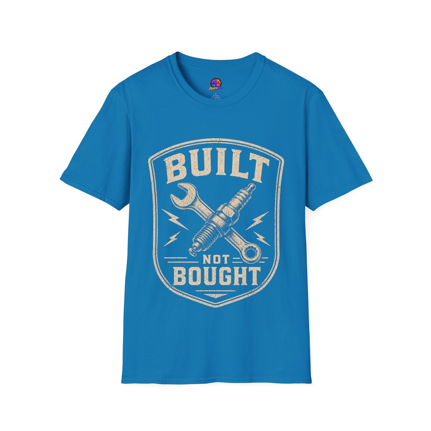 Built Not Bought T-Shirt — Vintage Mechanic Wrench & Spark Plug Design