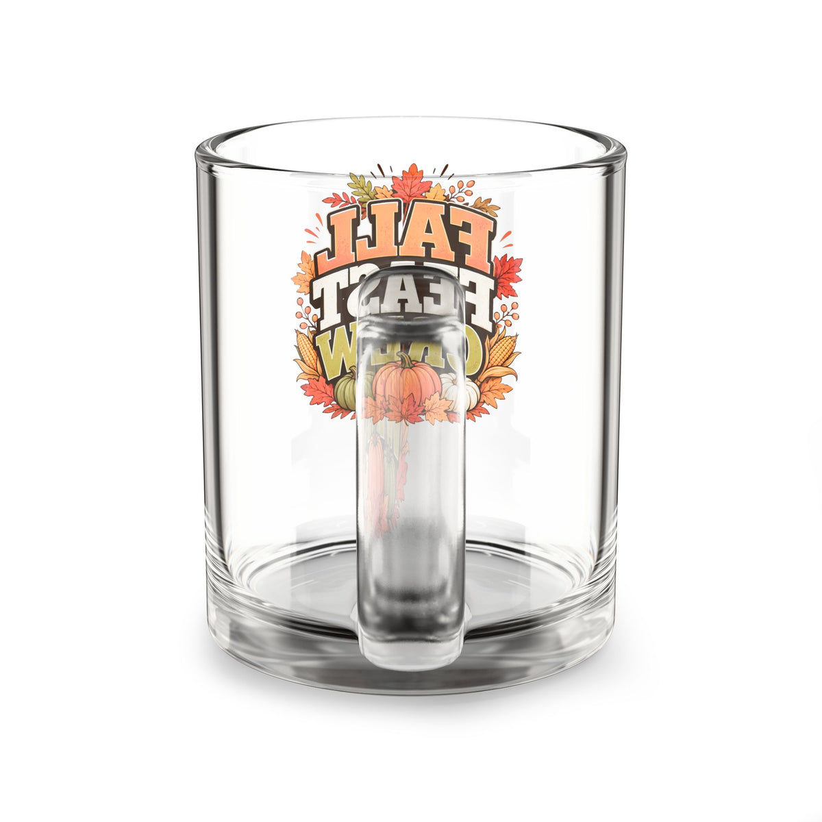 Glass Mug — "Fall Feast Crew" Thanksgiving Coffee Mug with Autumn Leaves & Pumpkins