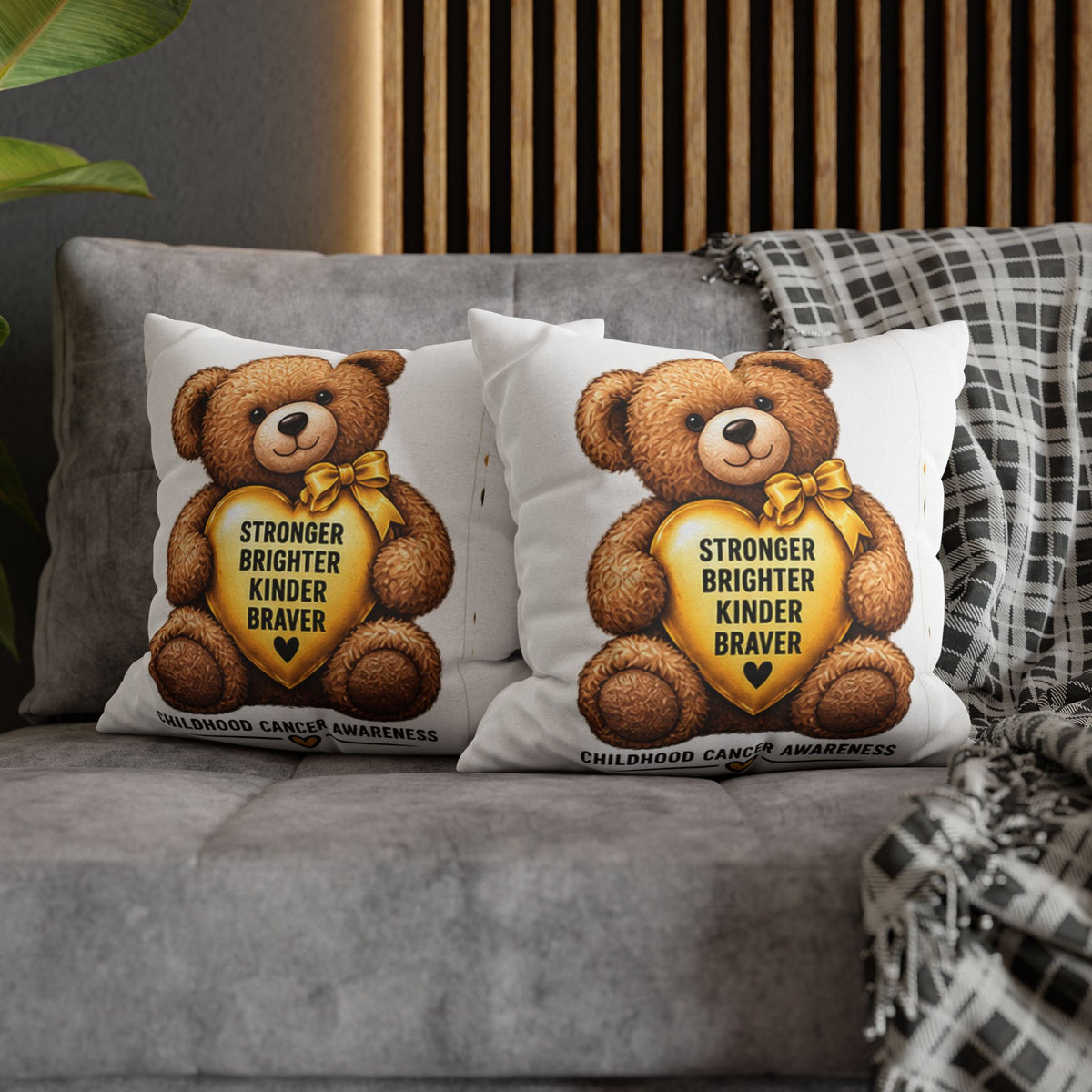 Childhood Cancer Awareness Bear Square Pillowcase – Stronger Brighter Kinder Braver