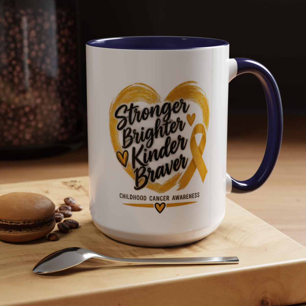 Childhood Cancer Awareness Accent Coffee Mug — "Stronger Brighter Kinder Braver"