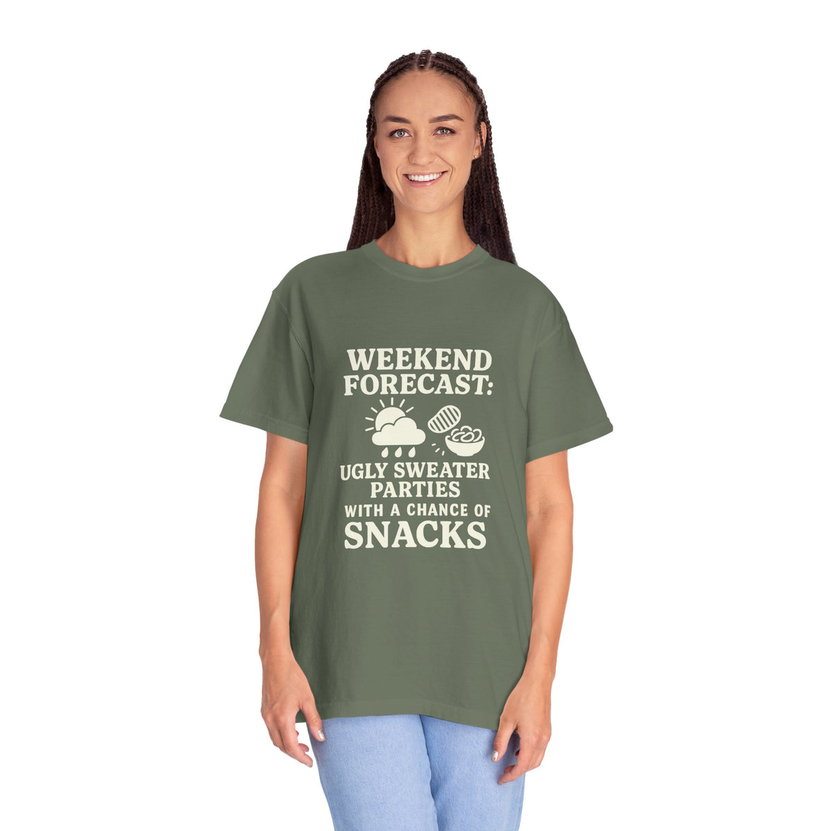 Weekend Forecast T-Shirt — "Ugly Sweater Parties with a Chan of Snacks" Holiday Tee - Trending Now - October 2026