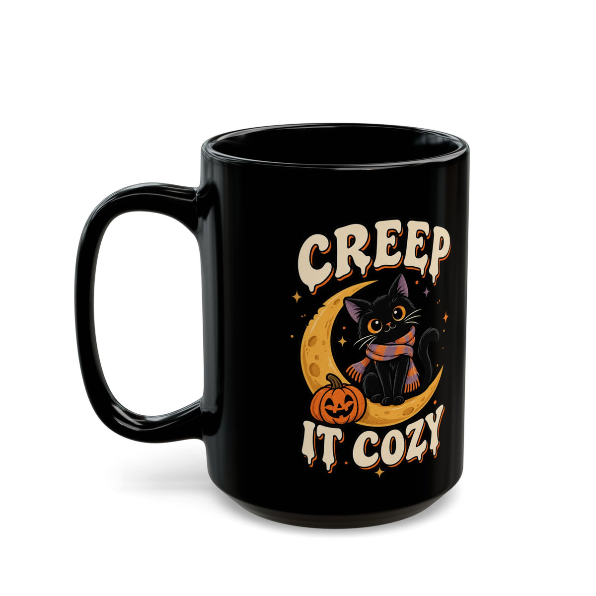 Creep It Cozy Black Mug — Halloween Cat Moon Coffee Cup (11oz & 15oz)