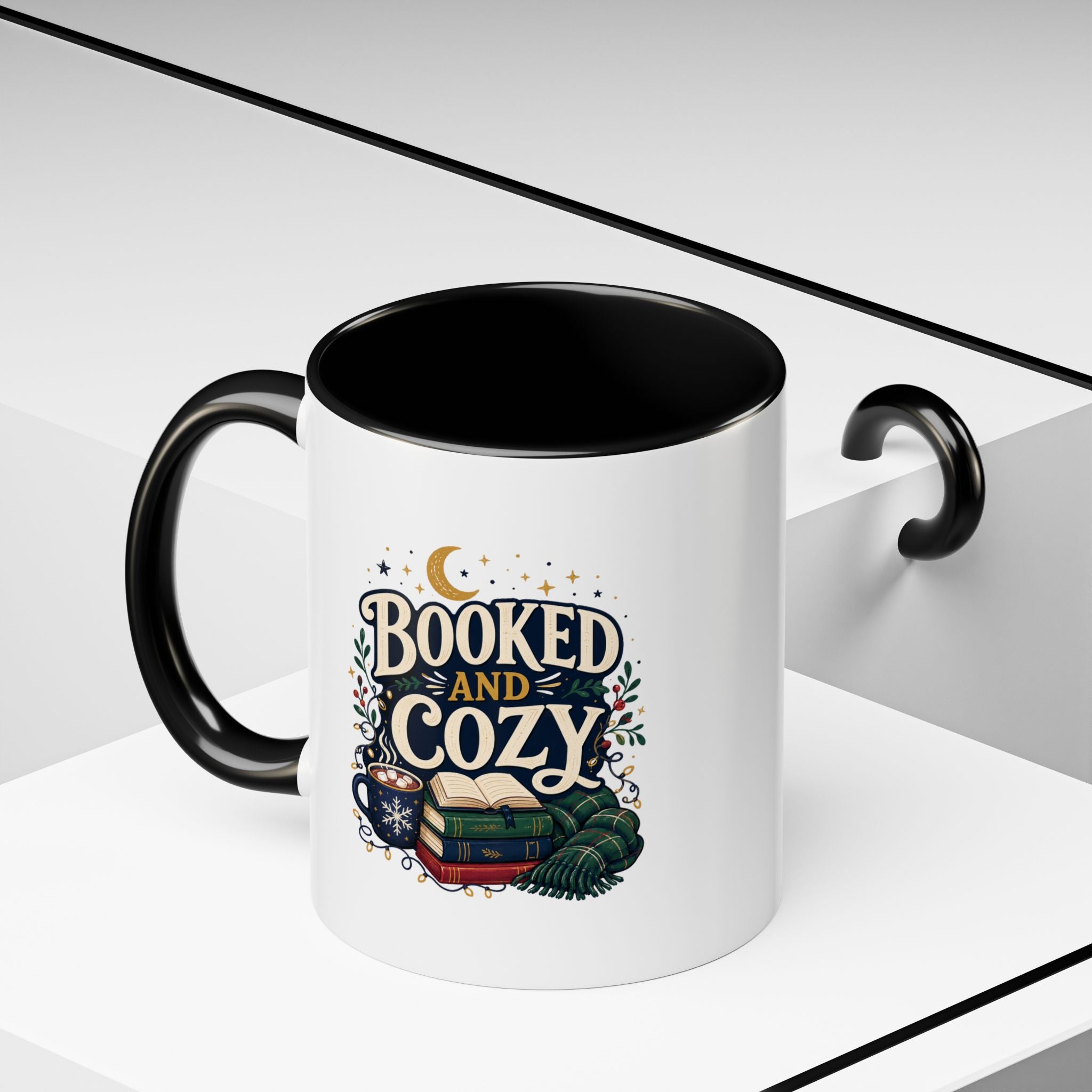 Modern Day Christmas Booked and Cozy Accent Coffee Mug — Book Lover Tea & Coffee Cup (11/15oz)