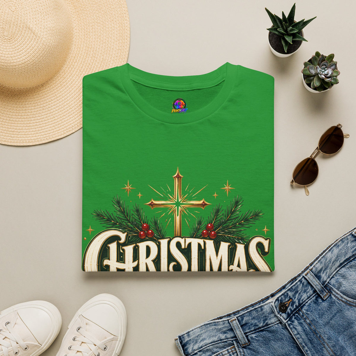 Christmas Blessed T-Shirt — Faith-Based Holiday Tee with Cross & Pine Design