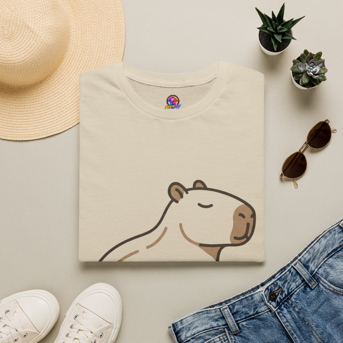 Cute Relaxed Capybara T-Shirt — Minimal Cartoon Capybara Graphic Tee