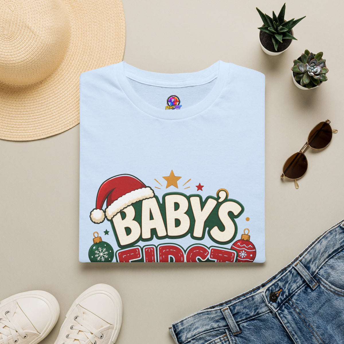 Baby's First Christmas T-Shirt — Festive Santa Hat & Ornaments Holiday Tee