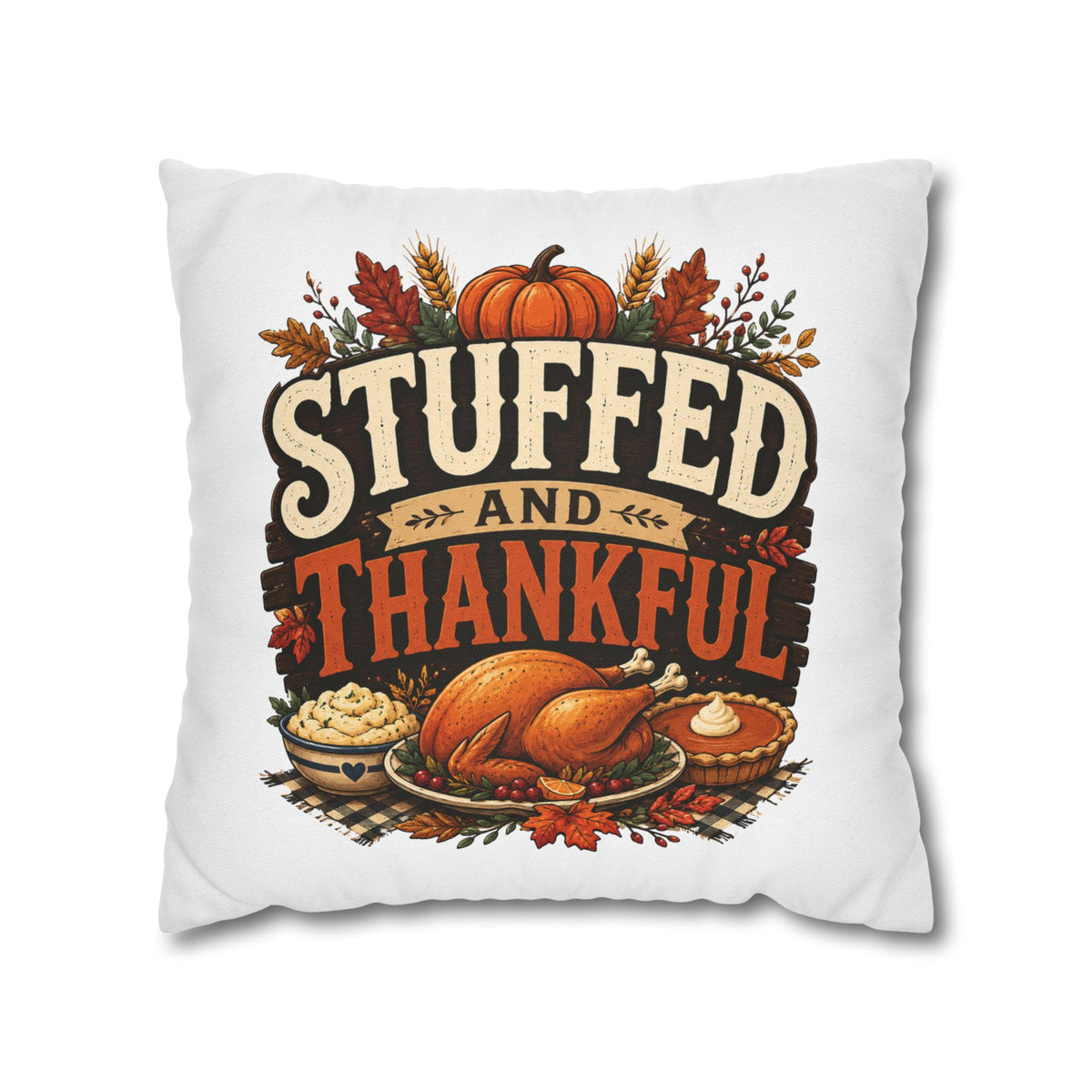 Thanksgiving Decorative Pillowcase – “Stuffed and Thankful” Autumn Throw Pillowcase
