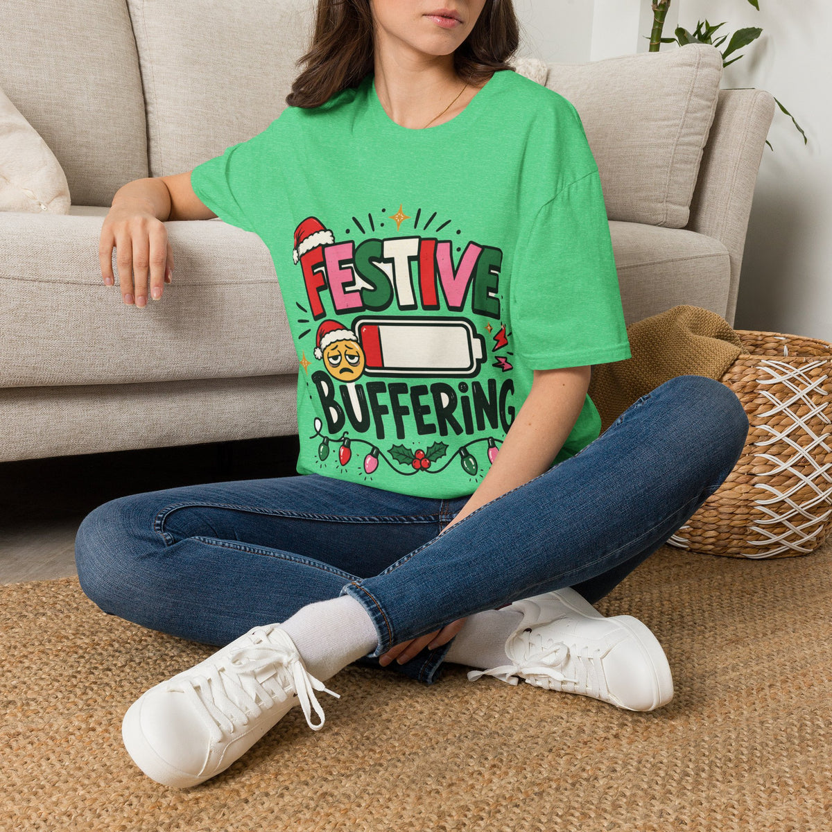 Festive Buffering T-Shirt — Funny Holiday Christmas Tee with Loading Battery Design