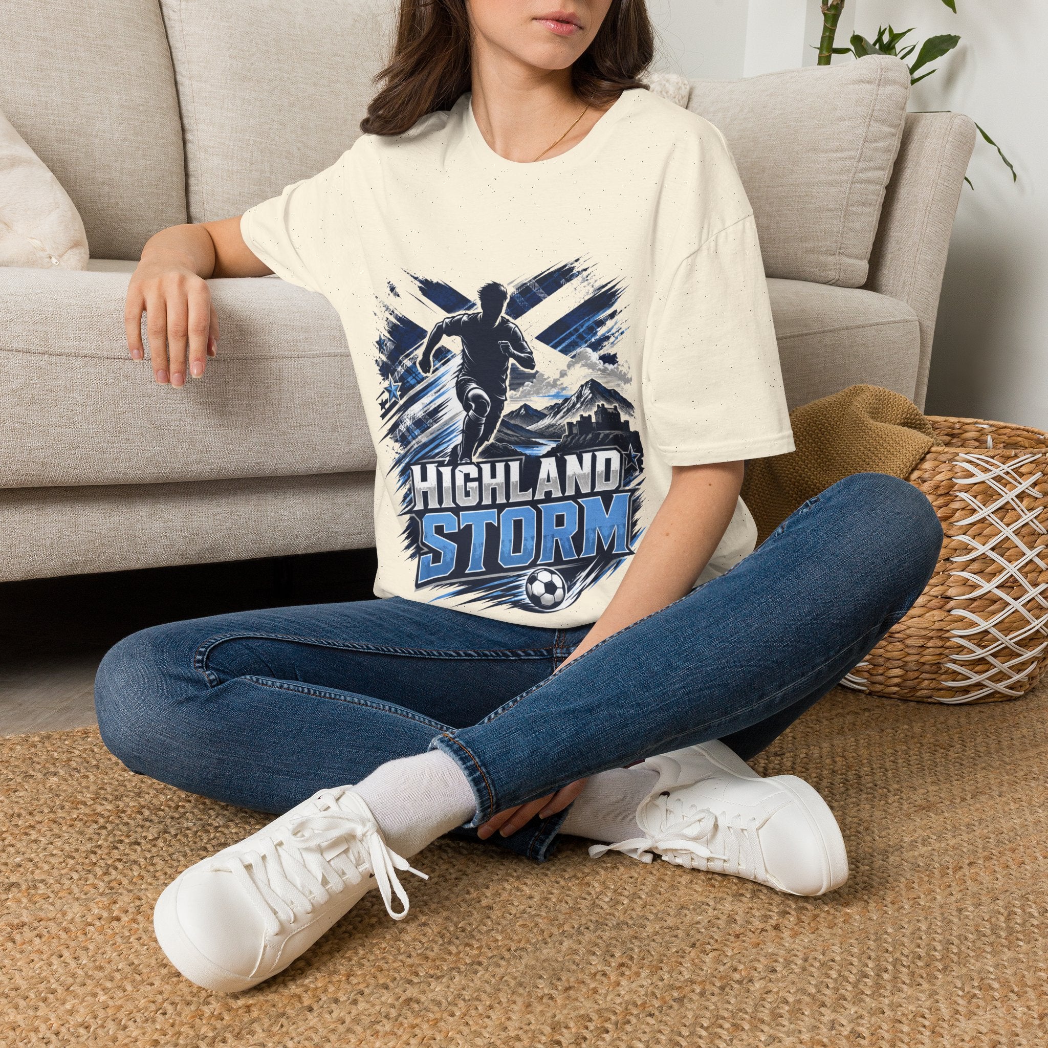 Scotland Highland Storm Soccer T-Shirt — Mountain Soccer Player Graphic Tee