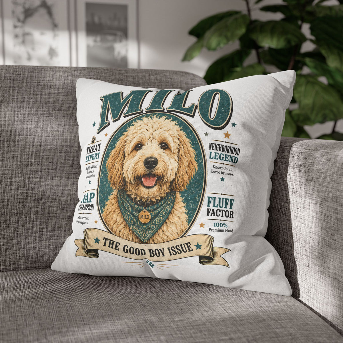 Dog Pillowcase — Personalized "Milo: The Good Boy Issue" Decorative Throw Pillowcase Milo Bailey Dog Dad Mom