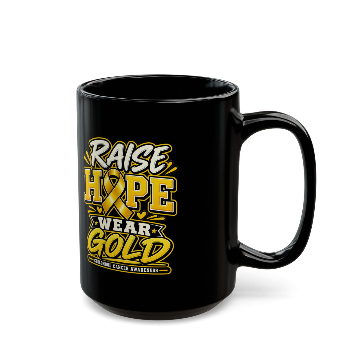 Raise Hope Wear Gold Childhood Cancer Awareness Mug (Black)