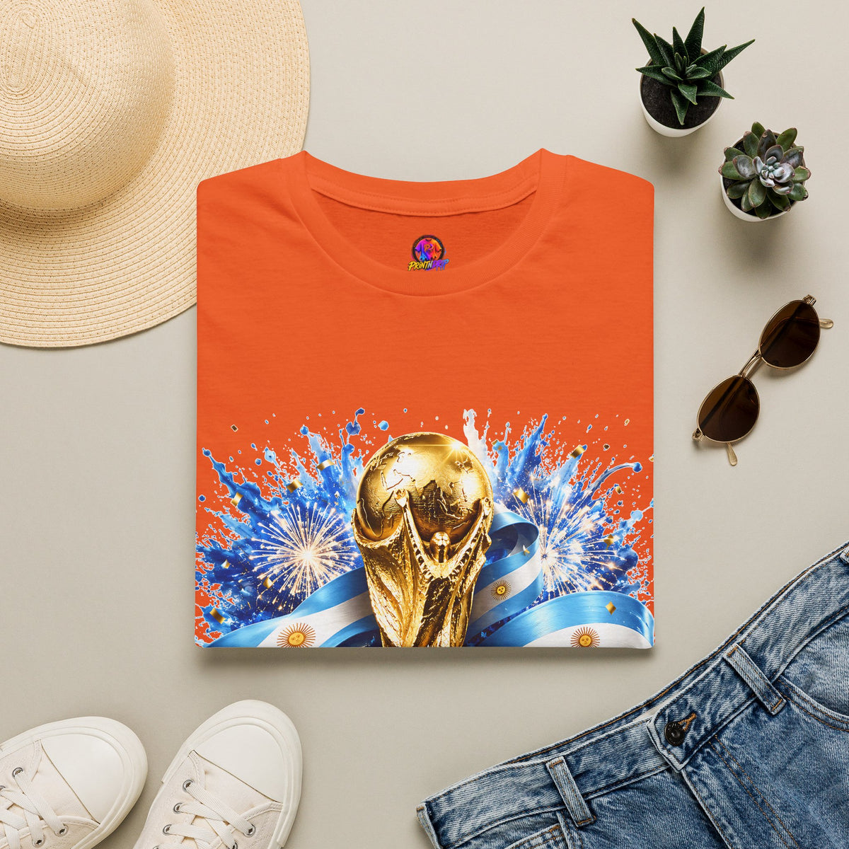 Argentina World Cup Champions T-Shirt — Gold Trophy Celebration Tee