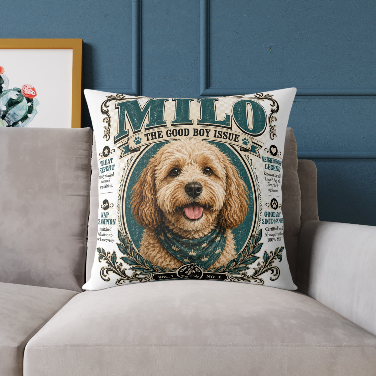 Personalized Dog Pillow - "Milo The Good Boy Issue" Decorative Pet Portrait Cushion  Milo Bailey Dog Dad Mom