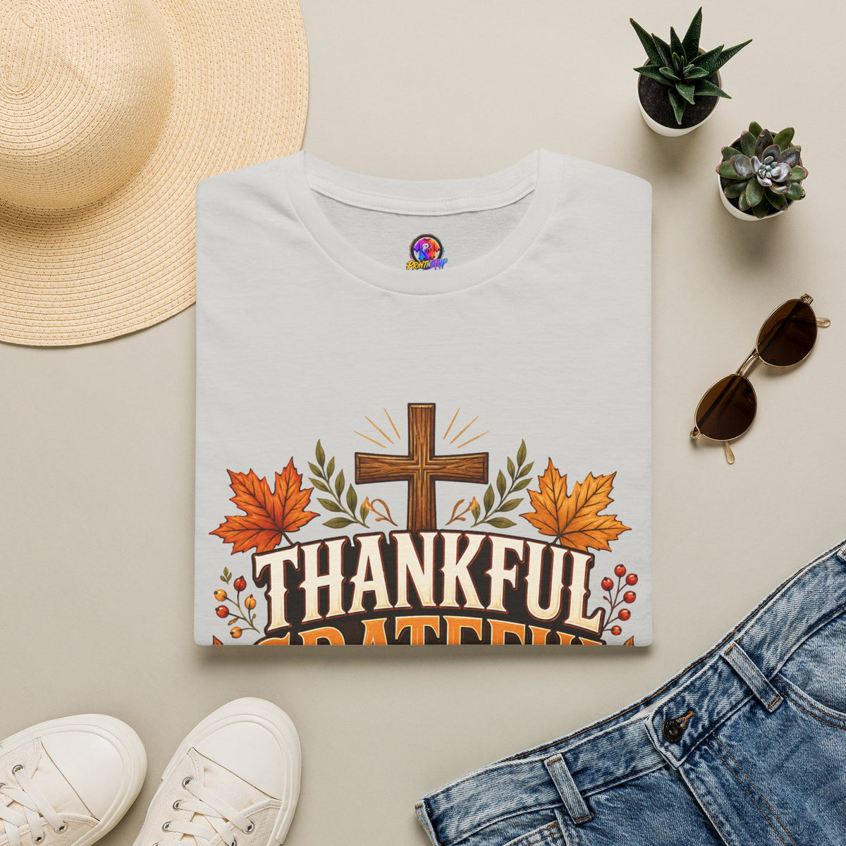 Thanksgiving T-Shirt Thankful Grateful Blessed T-Shirt — Fall Thanksgiving Christian Tee