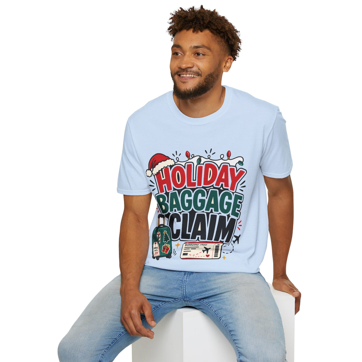 Holiday Baggage Claim T-Shirt — Funny Christmas Vacation Tee with Santa Hat & Lights