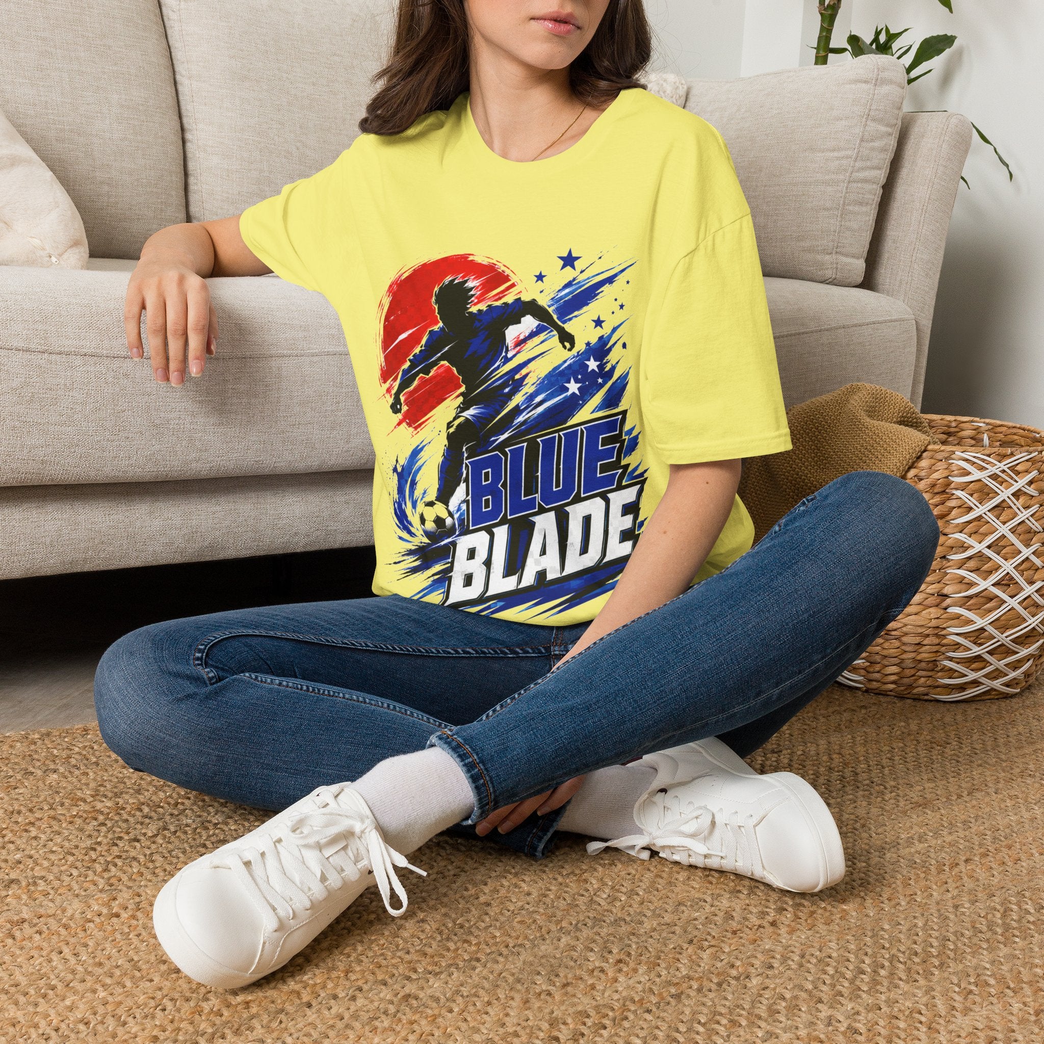 Japan T-Shirt — Blue Blade Soccer Graphic Tee (Red & Blue Starburst)