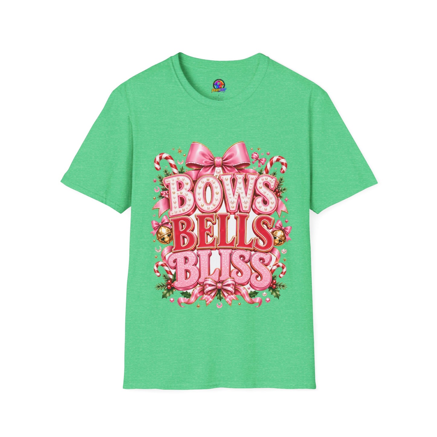 Bows Bells Bliss Christmas T‑Shirt — Pink Holiday Bow Graphic